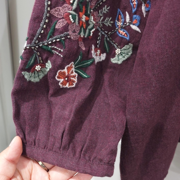 J JILL Boho Chic Plum Long Sleeve Blouse Floral Embroidered Cotton Blend Tunic - Picture 12 of 16